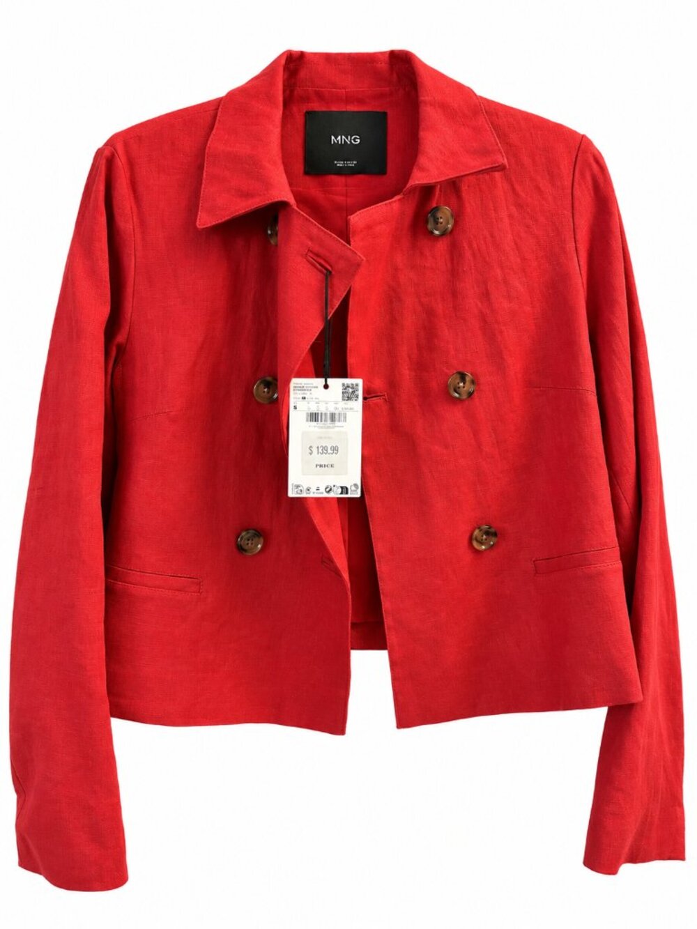Mango Red 100% Linen Double Breasted Cropped Jacket Small NWT